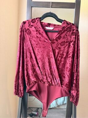 LC Lauren Conrad Velvet Floral Wrap Bodysuit - Wine
